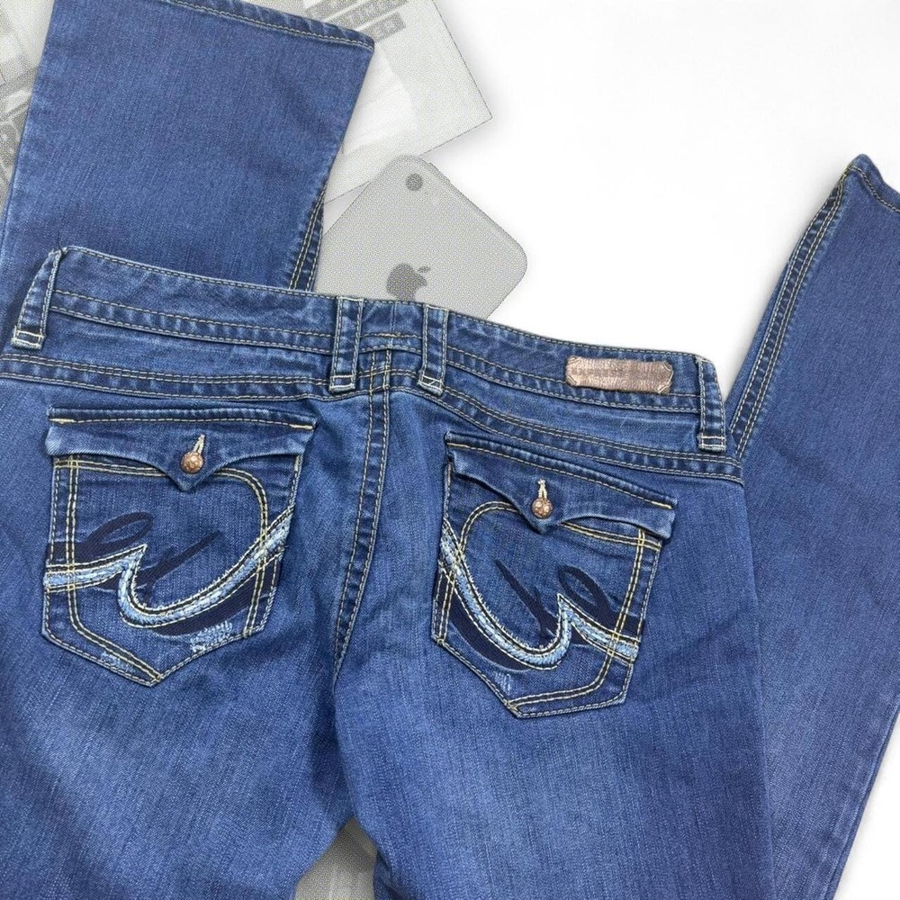 Vintage Express Dark Blue Low Rise Embroidered Flap Pocket Bootcut Jeans 12